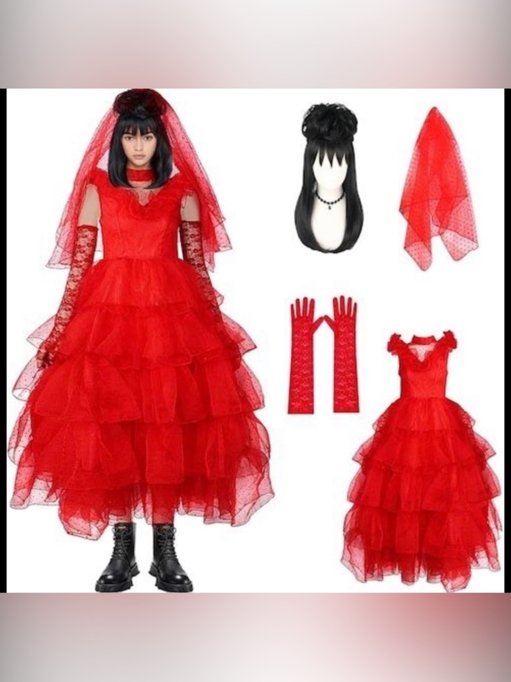 NEW Red Layered Gothic Bride Halloween Costume with Veil and Gloves sz ??